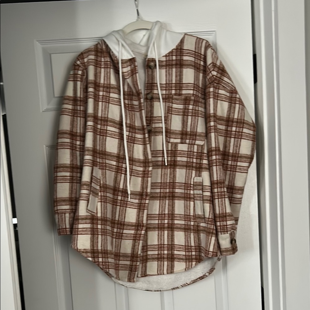 Plaid Hoodie Shirt in Brown and Cream